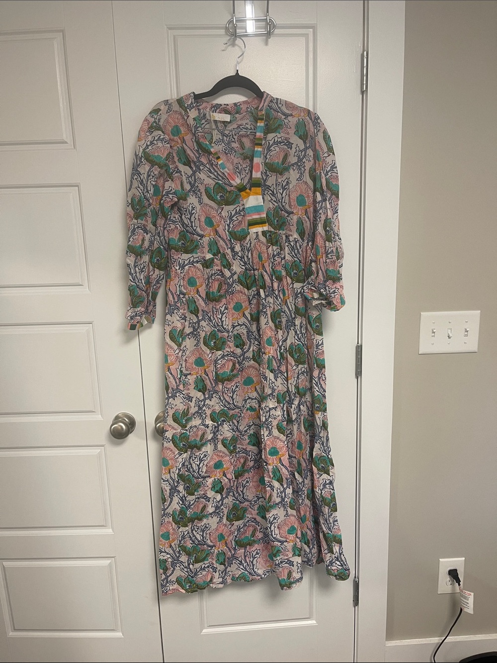 Floral V-Neck Maxi Dress in Cream, Pink & Green